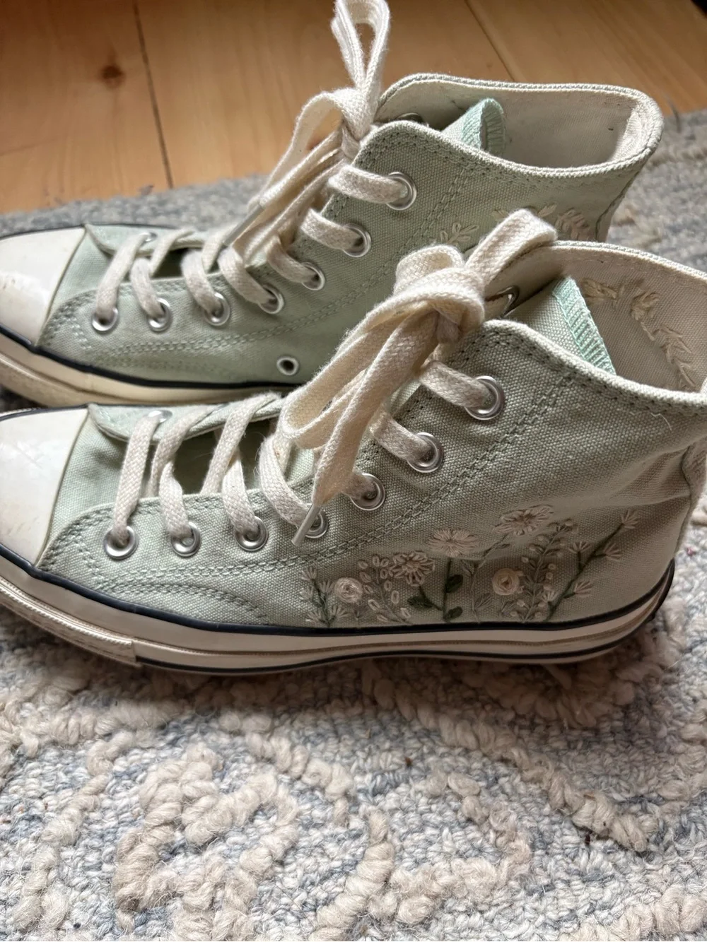 Converse Light Sage High-Top Sneakers with Cream Floral Embroidery